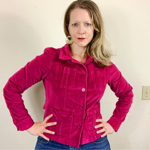 AC-3998 Fuchsia Corduroy Button Front Chest Pockets Jacket Size Medium - Picture 9 of 10